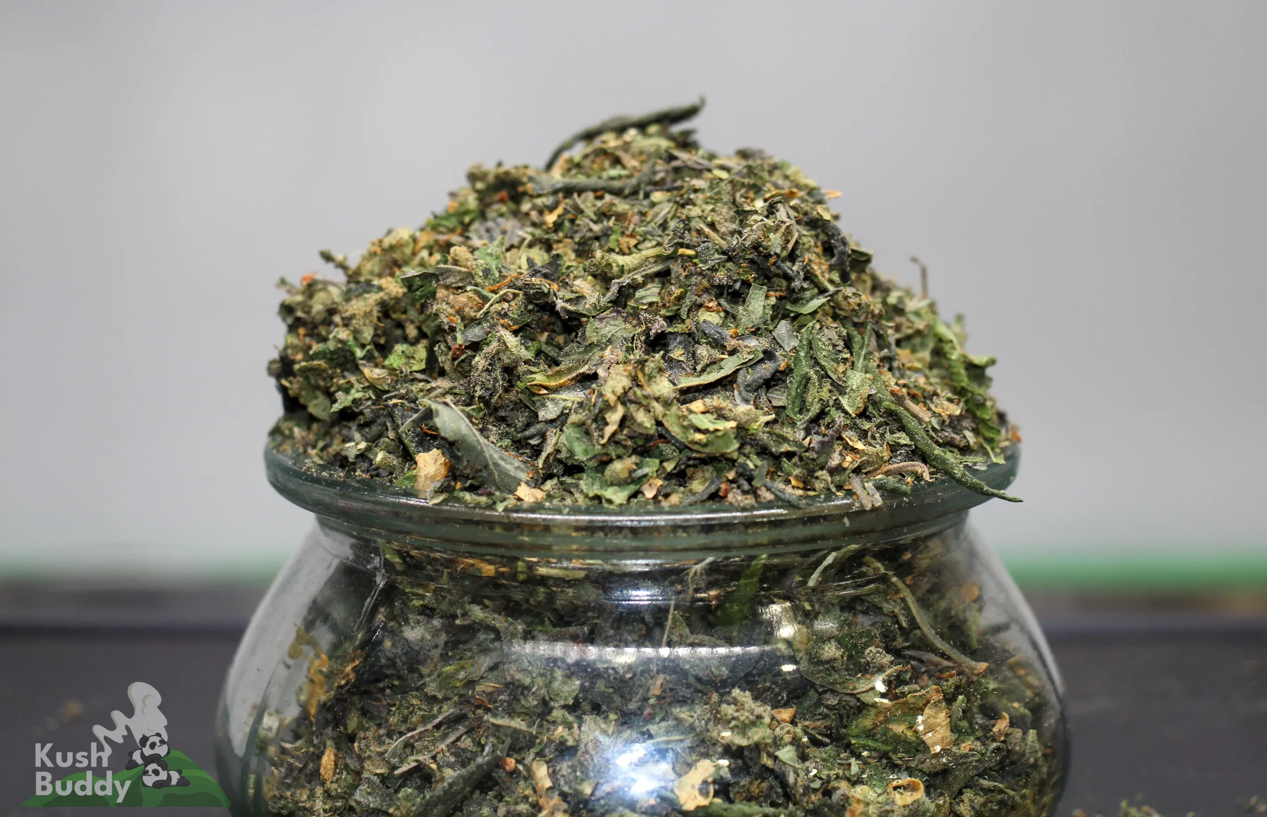 Pile of chopped cannabis leaves and buds on a glass jar, with a Kush Buddy watermark in the corner.