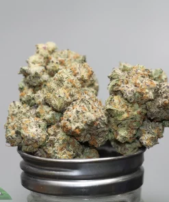 Close-up of densely frosty cannabis buds resting on a black grinder, with a Kush Buddy watermark in the corner.