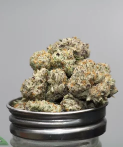 Close-up of frosty green cannabis buds with orange hairs resting on a metal grinder, watermark reads 'Kush Buddy' in the corner
