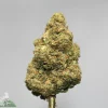 Close-up of a frosty cannabis bud with green and orange hairs against a neutral background, watermark shows bottom-left logo.