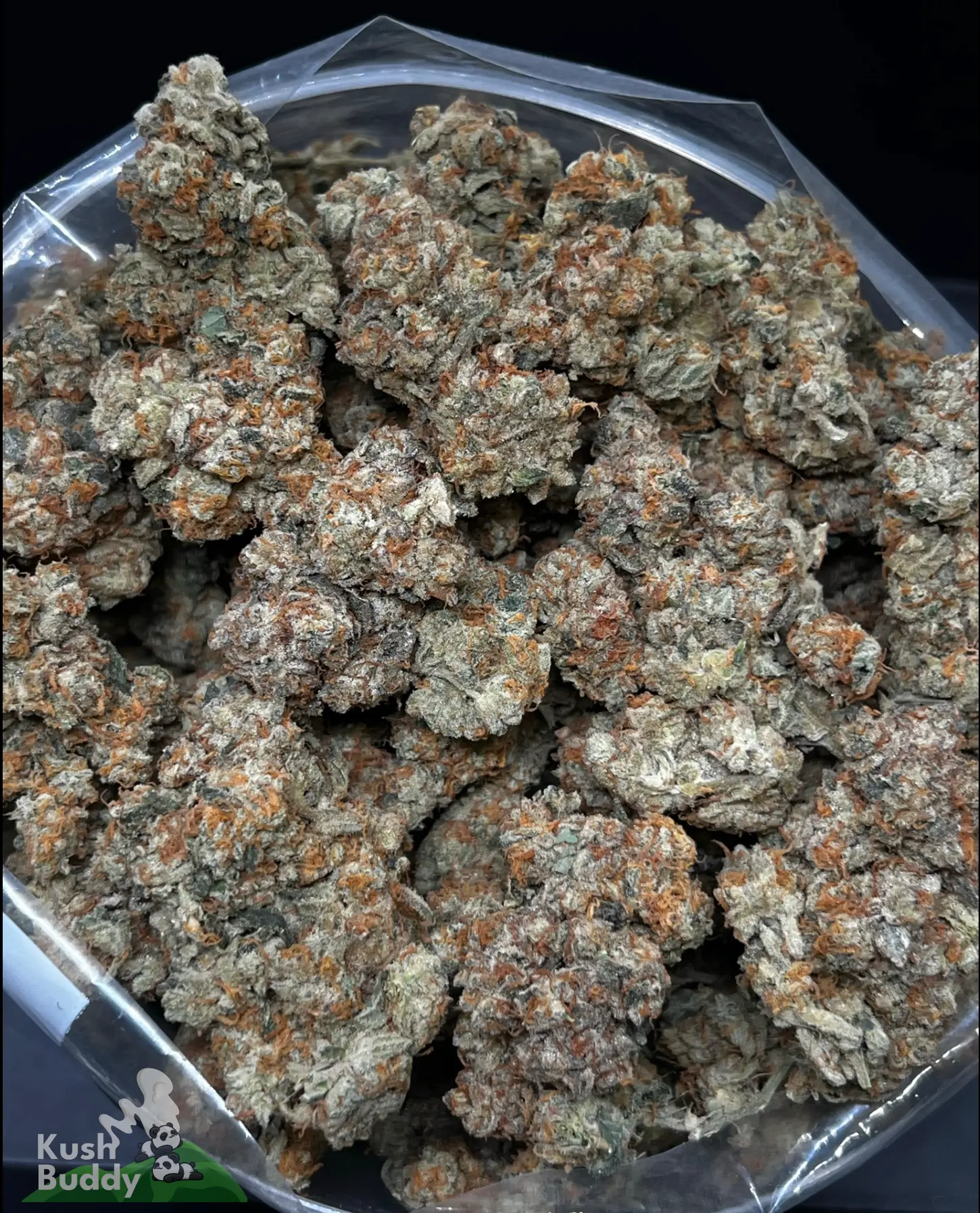 Close-up of dense cannabis buds with orange hairs inside a clear plastic bag; green and frosty with a rock-like texture.