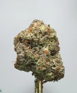 Close-up of a cannabis bud with frosty trichomes and orange hairs on a light background, brand logo visible at the corner.