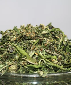 Close-up of dried cannabis buds piled on a glass jar, showing green leaves and orange hairs.