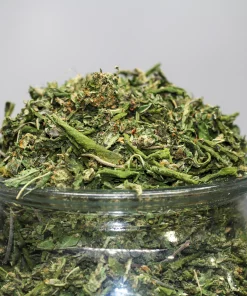 Crushed cannabis buds piled high in a glass jar.