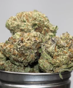 Close-up of frosty cannabis buds with green and orange hairs in a metal grinder; Kush Buddy logo in the lower-left corner.
