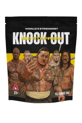 Yellow and black Knockout Big Stepper package labelled 10,000mg THC with Big Steppers artwork