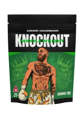 Green and black Knockout Middleweight package labelled 3,000mg THC with Conor McGregor artwork