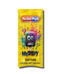 Yellow Rocket Pops vape cart packaging with a cartoon purple monster and bold 'Mystery' text; 'SATIVA' and '1000MG NET WEIGHT' shown at bottom