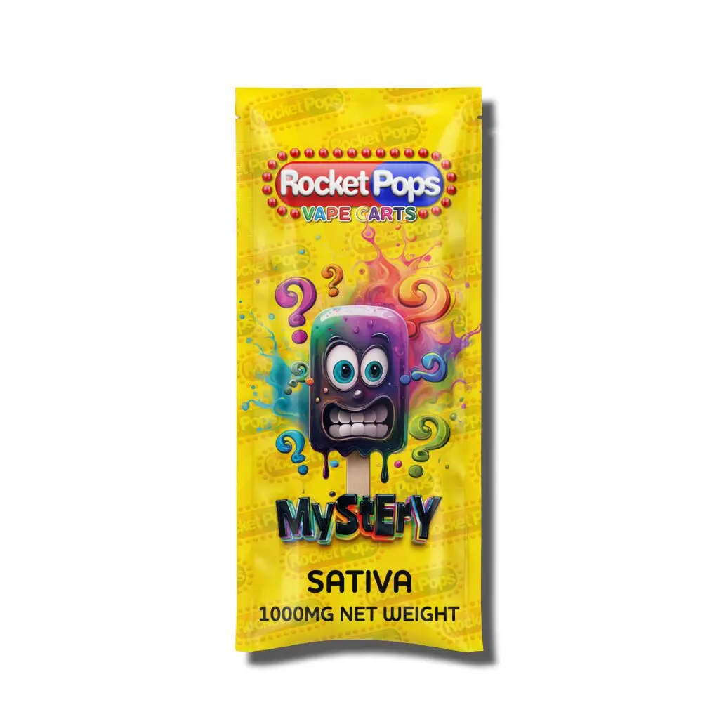 Yellow Rocket Pops vape cart packaging with a cartoon purple monster and bold 'Mystery' text; 'SATIVA' and '1000MG NET WEIGHT' shown at bottom