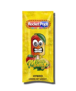 Rocket Pops Vape Carts Exotic Mango packaging on a white background, showing a cartoon mango popsicle character (HYBRID, 1000MG).