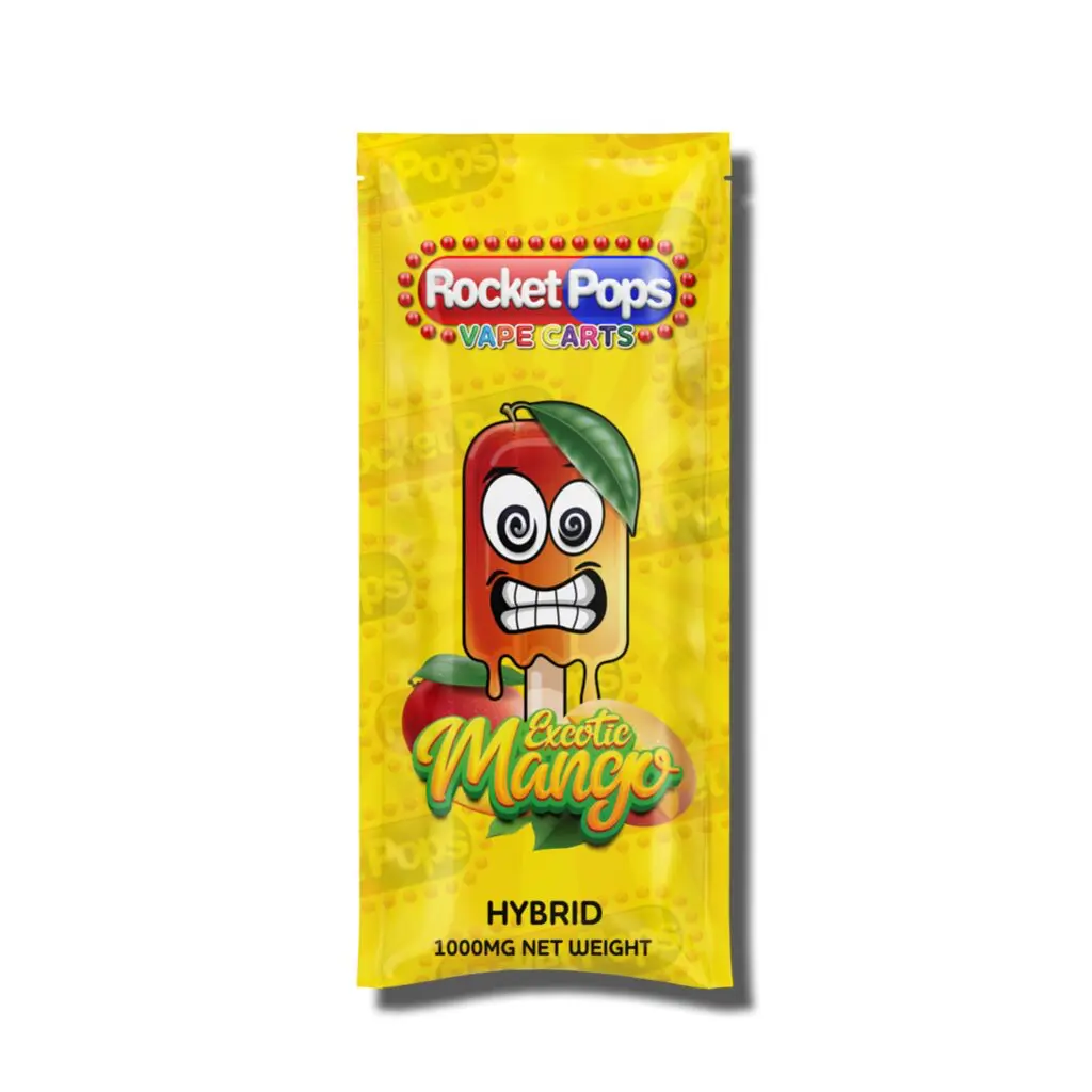 Rocket Pops Vape Carts Exotic Mango packaging on a white background, showing a cartoon mango popsicle character (HYBRID, 1000MG).