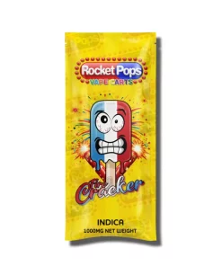 Bright yellow vape cart package labeled Rocket Pops Fire Cracker, Indica, 1000mg net weight (image of product)