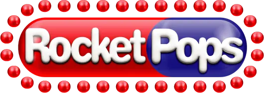 Rocket Pops logo: a red-to-blue rounded badge with white bubbly text reading 'Rocket Pops' and a border of red marquee bulbs surrounding it.