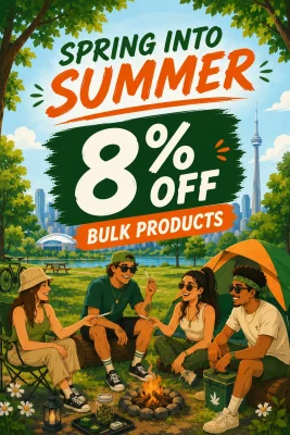 Promotional poster: 'Spring into Summer' with '8% Off Bulk Products' and a group of friends camping in a park with a city skyline backdrop.