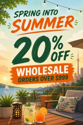 Promotional poster advertising Spring into Summer, 20% off wholesale orders over $99, on a sunny outdoor deck with drinks.