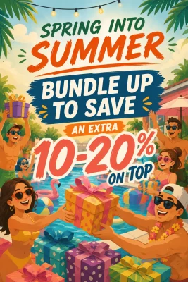 Bright pool-party promo banner offering 10–20% extra savings with people exchanging wrapped gifts.