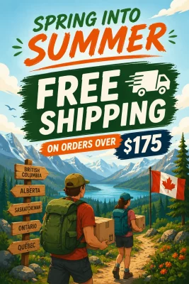 Promotional poster: 'Spring into Summer' with 'Free Shipping over $175,' hikers with boxes in a mountain landscape and a Canadian flag.