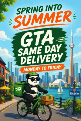 Cartoon panda delivery rider in a green bike and helmet, sunglasses onboard a city street with a skyline; bold promotional text reads 'Spring into Summer' and 'GTA Same Day Delivery' over a green brush stroke, with 'Monday to Friday' banner and a Toronto sign in the foreground.