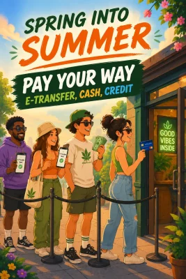 Colorful promotional illustration of friends in line outside a store; banners read 'Spring into Summer' and 'Pay Your Way' with e-transfer, cash, and credit options nearby.
