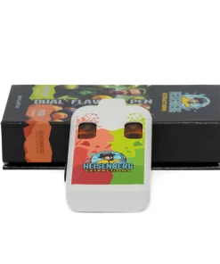 Boxed product packaging in black with colorful graphic strips and white pen-like device in front; branding reads Heisenberg Extractions and Dual Flavors.