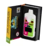Open black display box revealing a white bottle with a colorful geometric label and orange window, nestled in foam.