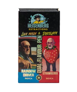 Front of Heisenberg Extractions cannabis product box with a cartoon scientist logo and bold branding: includes 'Live Resin & Distillate' text.