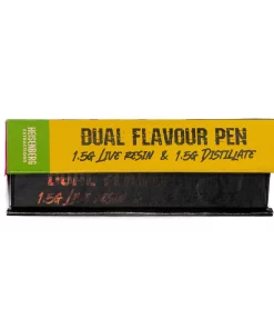 Box packaging with bold black text reading 'DUAL FLAVOR PEN' on a yellow panel, green side panel visible on the left.