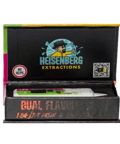 Front of a black product box with colorful edges, displaying the Heisenberg Extractions logo and a cartoon scientist, plus a No VG/PG label and a QR code on the side.