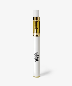 White vape pen with a gold-colored cartridge, standing upright on a white background.