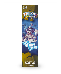 Vertical banner for Drizzle Factory Blue Berry Cream Sativa, 4th Gen, featuring a clown illustration.