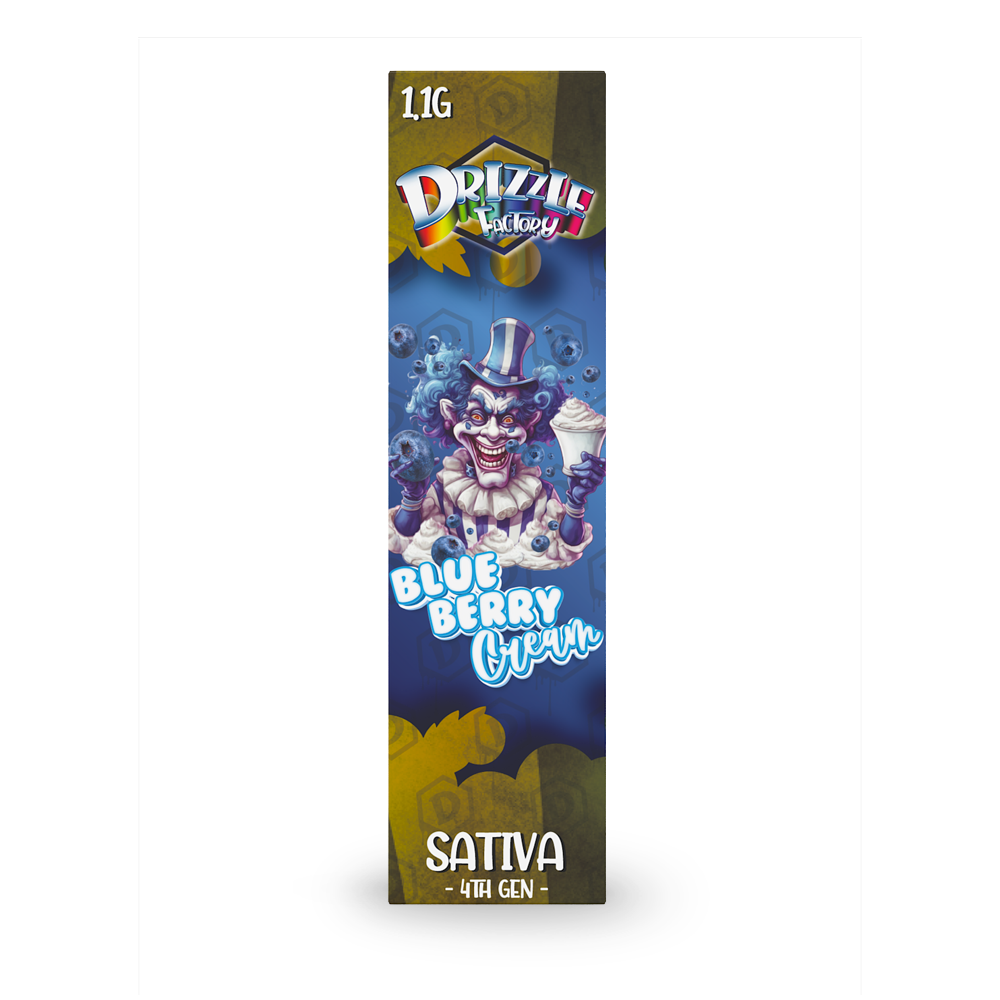 Vertical banner for Drizzle Factory Blue Berry Cream Sativa, 4th Gen, featuring a clown illustration.