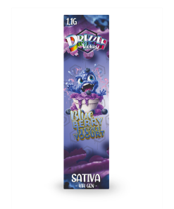 Tall product banner for Drizzle Factory Blueberry Frozen Yogurt, Sativa 4th Gen, with a blue monster and purple toppings.