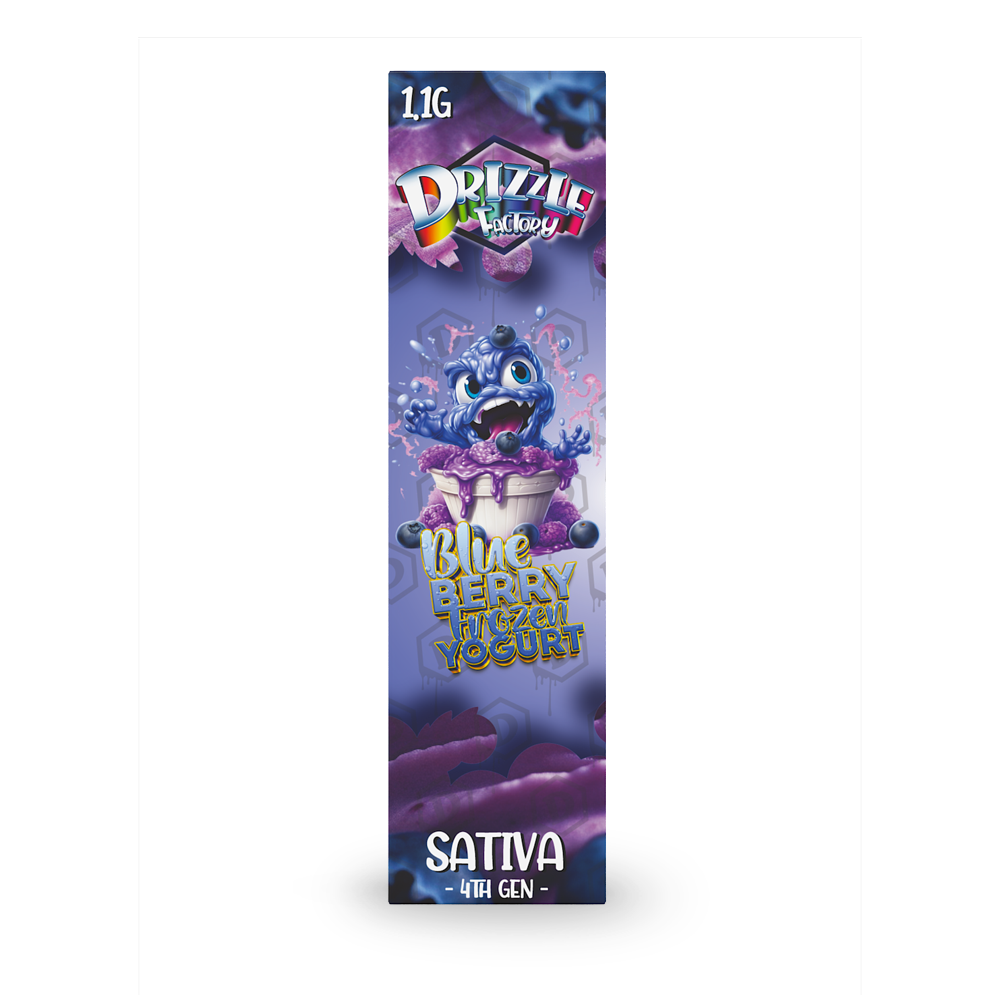 Tall product banner for Drizzle Factory Blueberry Frozen Yogurt, Sativa 4th Gen, with a blue monster and purple toppings.