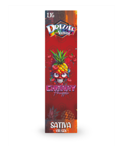 Tall red product box featuring a pineapple skull graphic, bold logo text 'Drizzle Factory', and 'Cherry Pineapple' with 'Sativa - 4th Gen' at the bottom.