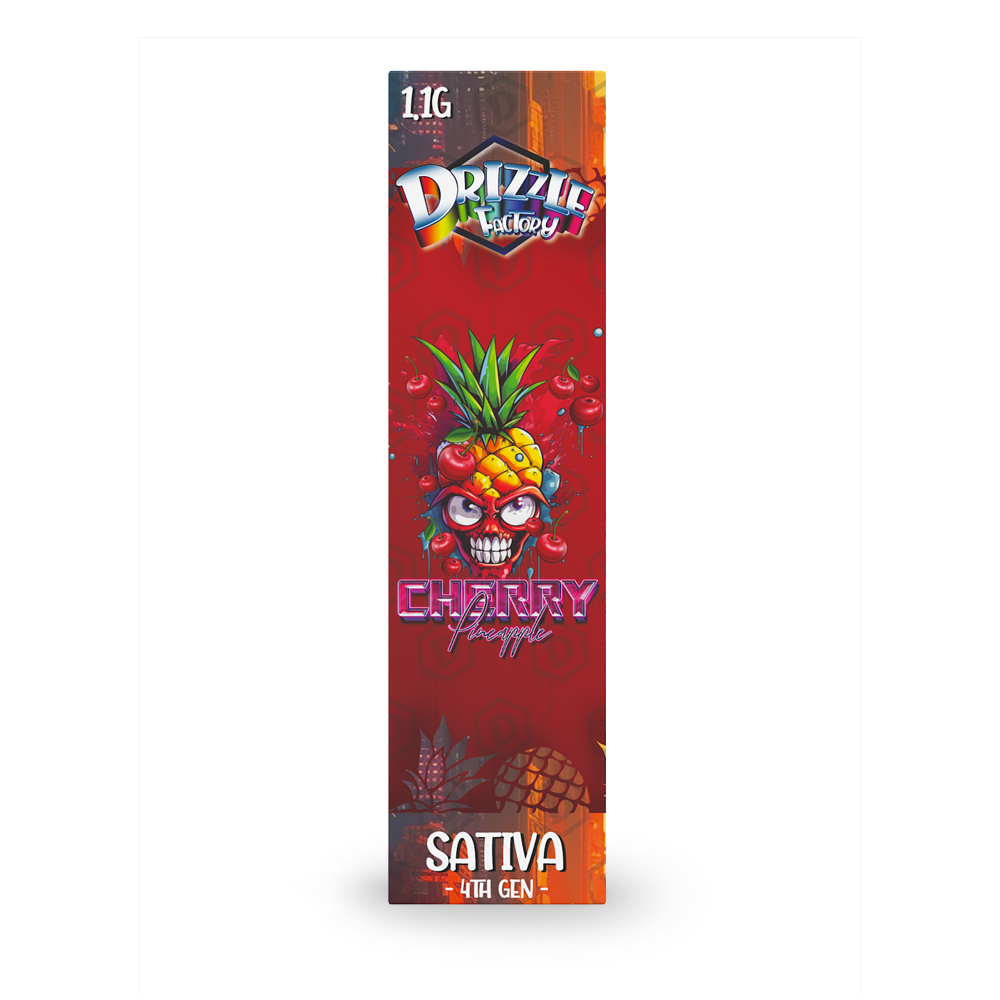 Tall red product box featuring a pineapple skull graphic, bold logo text 'Drizzle Factory', and 'Cherry Pineapple' with 'Sativa - 4th Gen' at the bottom.