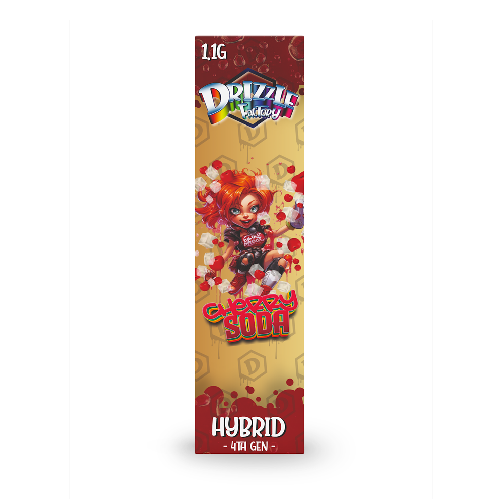 Vertical product banner for Drizzle Factory Cherry Soda Hybrid 4th Gen e-liquid packaging