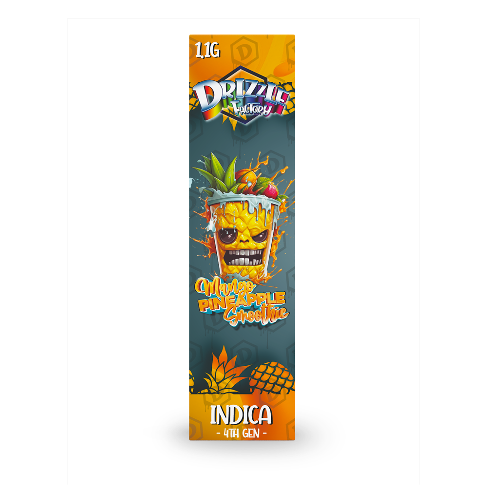 Tall vertical packaging for Drizzle Factory Mango Pineapple Smoothie, featuring a cartoon pineapple-faced cup and bold orange/yellow branding (Indica, 4th Gen).