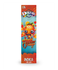 Vertical vape packaging for Drizzle Factory Strawberry Orange Indica (4th Gen, 1.1G) featuring a cartoon strawberry‑orange character with fruit accents.