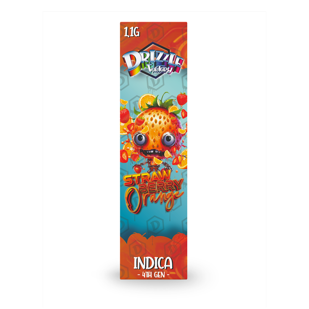 Vertical vape packaging for Drizzle Factory Strawberry Orange Indica (4th Gen, 1.1G) featuring a cartoon strawberry‑orange character with fruit accents.