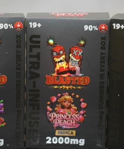 Row of black cannabis product boxes with '90% THC' and 'INDICA' labels, featuring colorful cartoon characters and 'BLASTED' branding on a shelf.