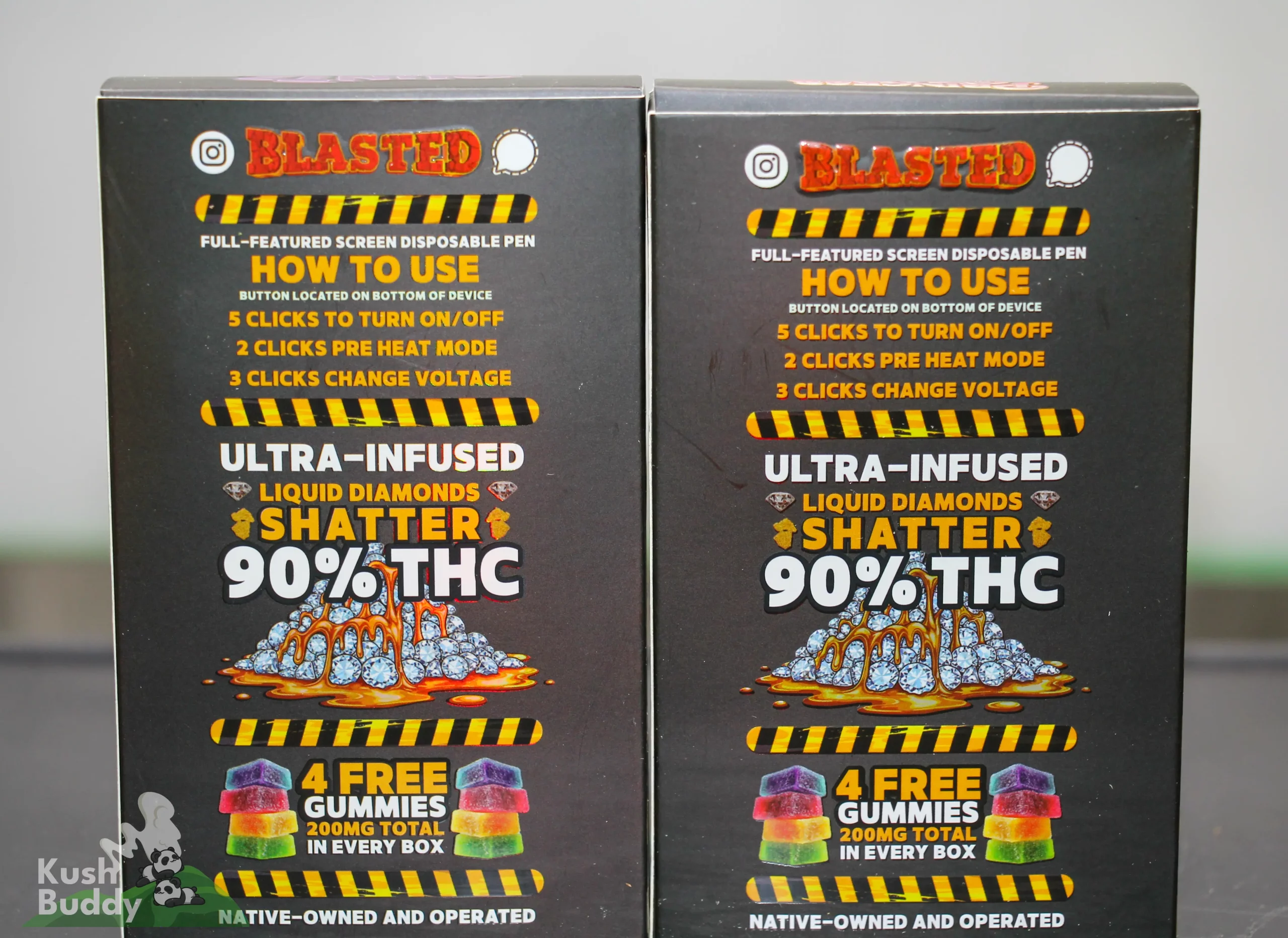 Two black boxes of a cannabis product labeled 'BLASTED' with bold orange text reading 'HOW TO USE' and a pile of colorful gummy-looking shapes, showing '90% THC' and 'ULTRA-INFUSED SHATTER' graphics side by side on a gray background.