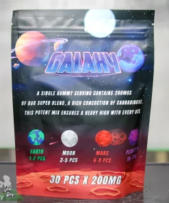 Space-themed gummy package with colorful planets and bold word 'GALAXY' across the front, showing serving size text (e.g., 30 PCS x 200MG).