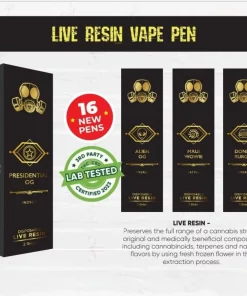 Banner advertising Live Resin Vape Pens: black boxes with gold logos and a red '16 NEW PENS' badge nearby.
