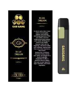 GAS GANG Blue Dream disposable live-resin vape packaging in black and gold with logo and flavor name (2 g) and vape pen shown to the right.