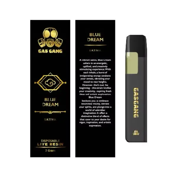GAS GANG Blue Dream disposable live-resin vape packaging in black and gold with logo and flavor name (2 g) and vape pen shown to the right.