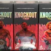 Three Knockout Vapes boxes with holographic logo, UFC branding, and artwork of muscular fighters against a red background.