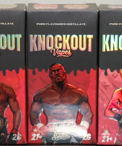 Three Knockout Vapes boxes with holographic logo, UFC branding, and artwork of muscular fighters against a red background.