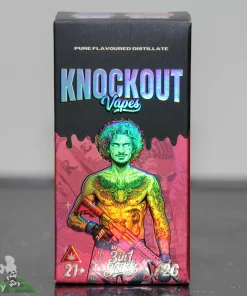 Box of Knockout Vapes with holographic lettering and colorful illustrated figure on pink background, labeled Pure Flavoured Distillate at the top.