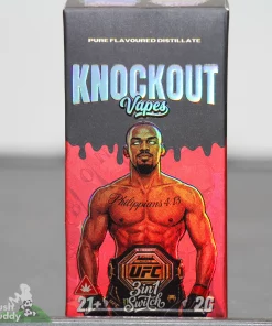 Product packaging for Knockout Vapes, featuring a muscular boxer and a UFC-style belt on a red background with 'Pure Flavoured Distillate' text.