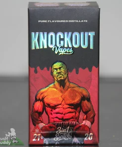Box packaging reading 'KNOCKOUT Vapes' with a muscular man illustration and red background, glossy holographic lettering visible on top half.